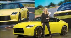 Nissan product specialist Kelly stands in front of yellow Nissan Z